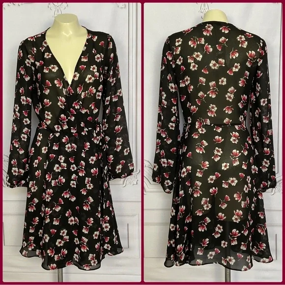 Lark & Ro Black Semi Sheer Long Sleeve Side Tie Wrap Dress Flirty & Flowing Sm - Picture 1 of 8